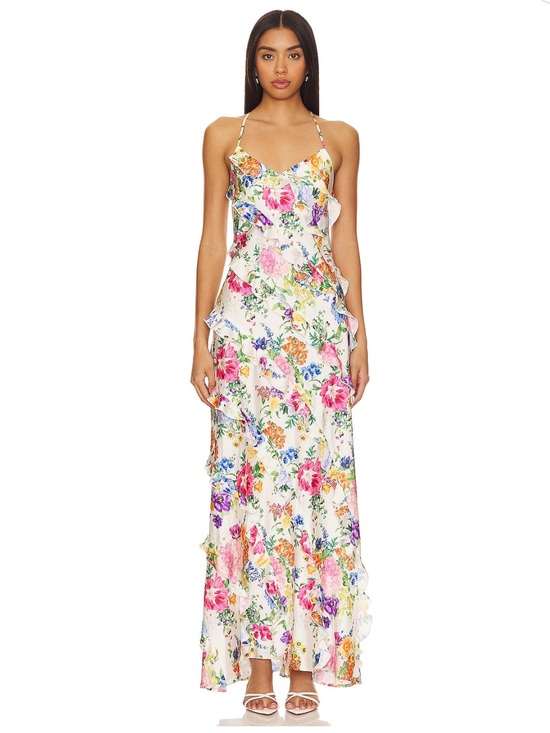 Show Me Your MuMu Dresses & Skirts - Show Me Your Mumu Floral Ruffle Maxi Dress in Ivory with Pink, Green, Blue